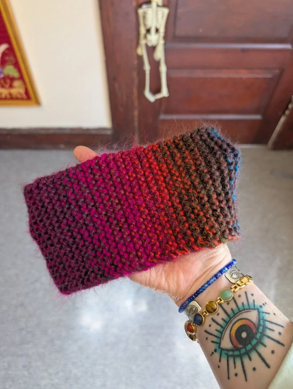 Hand Knit Rainbow Gradient Winter Headband‎ With Knotted Front Accent